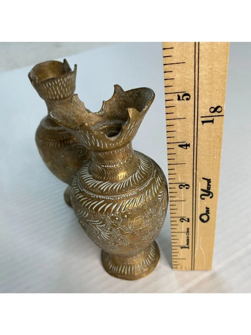 Vintage Brass Bud Vases Set of 2 Etched Floral Indian Vase Small Decorative Pair